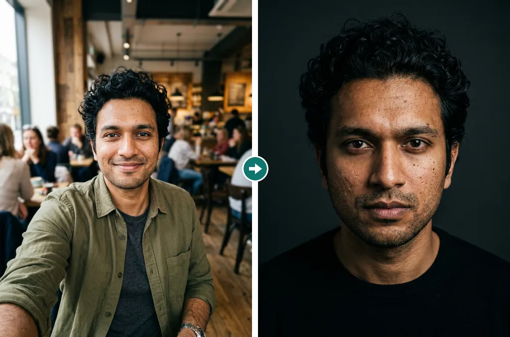 AI-generated example of a fictional person, a man in his late twenties: left, a selfie in a busy café, in an olive overshirt; right, a theatrical actor headshot in a black top on a dark backdrop with side light, made from that selfie.