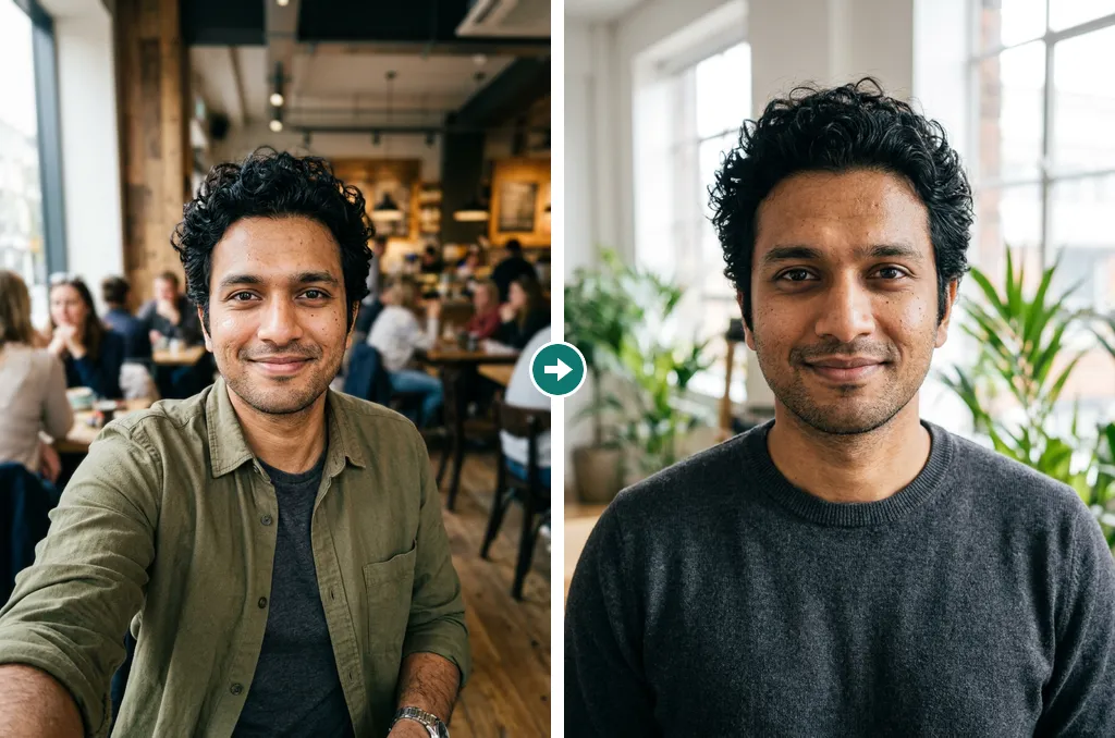 AI-generated example of a fictional person, a man in his late twenties: left, a selfie in a busy café, in an olive overshirt; right, a tech startup headshot in a gray sweater in a bright office with plants, made from that selfie.