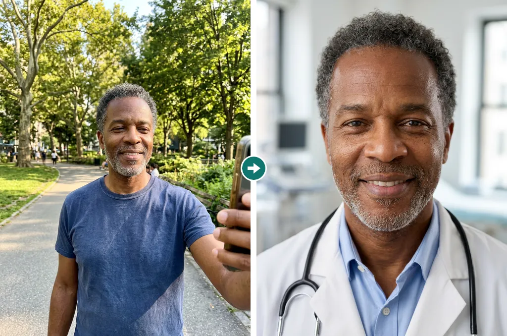 AI-generated example of a fictional person, a man in his fifties: left, a selfie in a sunny park, in a navy T-shirt; right, a doctor headshot in a white coat with a stethoscope, a clinic blurred behind, made from that selfie.
