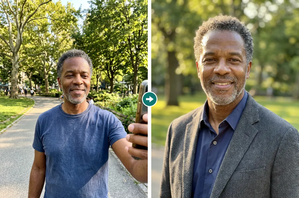 AI-generated example of a fictional person, a man in his fifties: left, a selfie in a sunny park, in a navy T-shirt; right, an outdoor headshot in a gray jacket with sunlit park bokeh behind, made from that selfie.