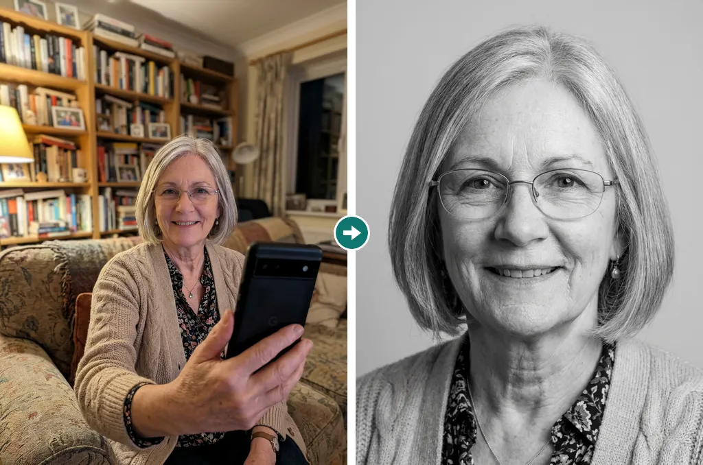 AI-generated example of a fictional person, a woman in her sixties with silver hair and glasses: left, a phone photo on her living-room sofa, in a beige cardigan; right, a black-and-white portrait on a light gray backdrop, made from that selfie.