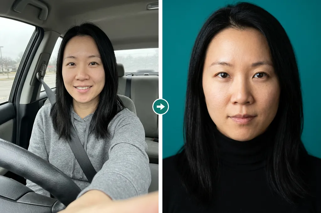 AI-generated example of a fictional person, a woman in her thirties: left, a casual selfie in a parked car, in a gray hoodie; right, a creative headshot in a black turtleneck against a teal wall, made from that selfie.